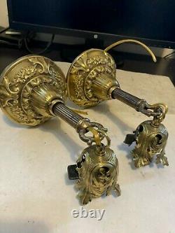 Pair 2 Old Art Craft Deco Victorian Brass Sconces Pendant Hanging Light Fixture