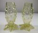 Pair 4 1/2 Victorian Vaseline Glass Thorn Vases With Applied Six Leaf Bases