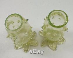 Pair 4 1/2 Victorian Vaseline Glass Thorn Vases With Applied Six Leaf Bases