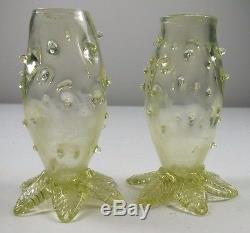 Pair 4 1/2 Victorian Vaseline Glass Thorn Vases With Applied Six Leaf Bases