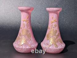 Pair Antique 19thC Victorian Pink Cased Spatter Glass Vases Enameled Dragonfly Pair Antique 19thC Victorian Pink Cased Spatter Glass Vases Enameled Dragonfly