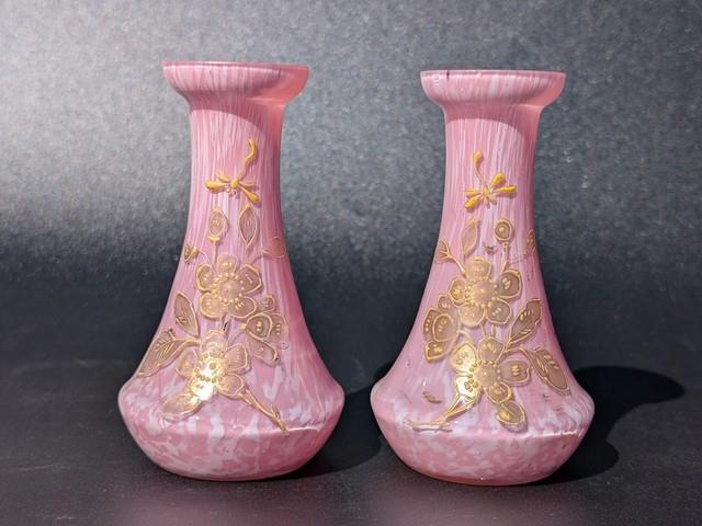 Pair Antique 19thc Victorian Pink Cased Spatter Glass Vases Enameled Dragonfly