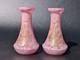 Pair Antique 19thc Victorian Pink Cased Spatter Glass Vases Enameled Dragonfly