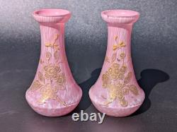 Pair Antique 19thC Victorian Pink Cased Spatter Glass Vases Enameled Dragonfly Pair Antique 19thC Victorian Pink Cased Spatter Glass Vases Enameled Dragonfly
