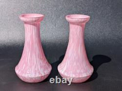 Pair Antique 19thC Victorian Pink Cased Spatter Glass Vases Enameled Dragonfly Pair Antique 19thC Victorian Pink Cased Spatter Glass Vases Enameled Dragonfly