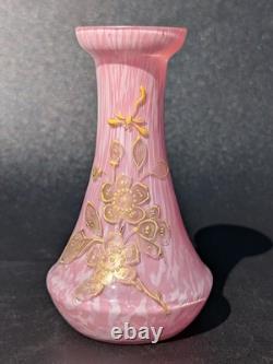 Pair Antique 19thC Victorian Pink Cased Spatter Glass Vases Enameled Dragonfly Pair Antique 19thC Victorian Pink Cased Spatter Glass Vases Enameled Dragonfly