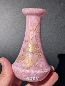 Pair Antique 19thC Victorian Pink Cased Spatter Glass Vases Enameled Dragonfly Pair Antique 19thC Victorian Pink Cased Spatter Glass Vases Enameled Dragonfly