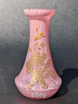 Pair Antique 19thC Victorian Pink Cased Spatter Glass Vases Enameled Dragonfly Pair Antique 19thC Victorian Pink Cased Spatter Glass Vases Enameled Dragonfly