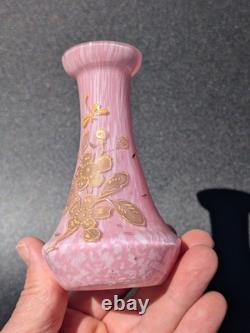 Pair Antique 19thC Victorian Pink Cased Spatter Glass Vases Enameled Dragonfly Pair Antique 19thC Victorian Pink Cased Spatter Glass Vases Enameled Dragonfly