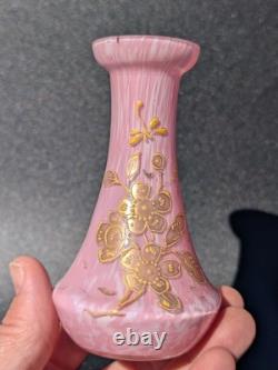 Pair Antique 19thC Victorian Pink Cased Spatter Glass Vases Enameled Dragonfly Pair Antique 19thC Victorian Pink Cased Spatter Glass Vases Enameled Dragonfly