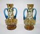 Pair Antique Bohemian Moser Enameled Amber Vase Applied Blue Art Glass Victorian