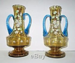 Pair Antique Bohemian Moser Enameled Amber Vase Applied Blue Art Glass Victorian