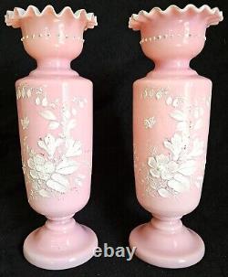 Pair Antique Bristol Pink Opaline Glass Vase Hand Blown Hand Painted Flowers