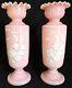 Pair Antique Bristol Pink Opaline Glass Vase Hand Blown Hand Painted Flowers