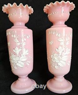 Pair Antique Bristol Pink Opaline Glass Vase Hand Blown Hand Painted Flowers