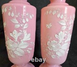 Pair Antique Bristol Pink Opaline Glass Vase Hand Blown Hand Painted Flowers