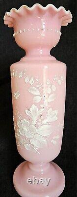 Pair Antique Bristol Pink Opaline Glass Vase Hand Blown Hand Painted Flowers