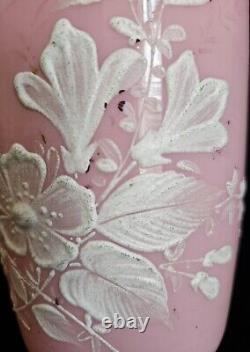 Pair Antique Bristol Pink Opaline Glass Vase Hand Blown Hand Painted Flowers