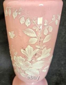 Pair Antique Bristol Pink Opaline Glass Vase Hand Blown Hand Painted Flowers