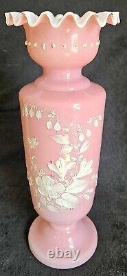 Pair Antique Bristol Pink Opaline Glass Vase Hand Blown Hand Painted Flowers