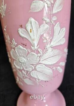 Pair Antique Bristol Pink Opaline Glass Vase Hand Blown Hand Painted Flowers