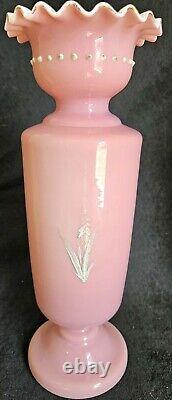 Pair Antique Bristol Pink Opaline Glass Vase Hand Blown Hand Painted Flowers