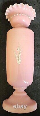 Pair Antique Bristol Pink Opaline Glass Vase Hand Blown Hand Painted Flowers