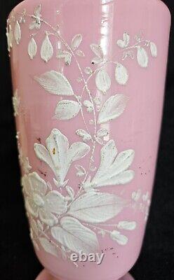 Pair Antique Bristol Pink Opaline Glass Vase Hand Blown Hand Painted Flowers