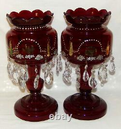 Pair Antique Cranberry Glass Lusters Large 14 Lusters w Double Row Prisms