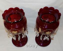 Pair Antique Cranberry Glass Lusters Large 14 Lusters w Double Row Prisms