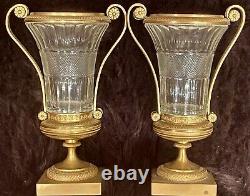 Pair Antique French Ormolu Bronze Baccarat Crystal Glass Urns Vases Garnitures