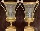 Pair Antique French Ormolu Bronze Baccarat Crystal Glass Urns Vases Garnitures