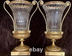 Pair Antique French Ormolu Bronze Baccarat Crystal Glass Urns Vases Garnitures