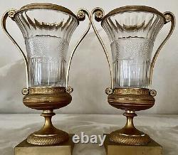 Pair Antique French Ormolu Bronze Baccarat Crystal Glass Urns Vases Garnitures