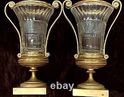 Pair Antique French Ormolu Bronze Baccarat Crystal Glass Urns Vases Garnitures