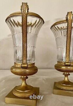 Pair Antique French Ormolu Bronze Baccarat Crystal Glass Urns Vases Garnitures