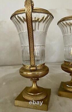 Pair Antique French Ormolu Bronze Baccarat Crystal Glass Urns Vases Garnitures