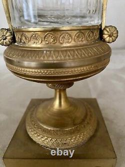 Pair Antique French Ormolu Bronze Baccarat Crystal Glass Urns Vases Garnitures