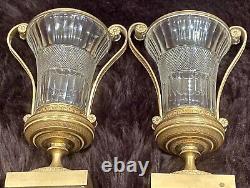 Pair Antique French Ormolu Bronze Baccarat Crystal Glass Urns Vases Garnitures