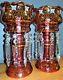 Pair Antique Moser Bohemian Cranberry Glass W Gold Mantle Lusters Prism Lamps