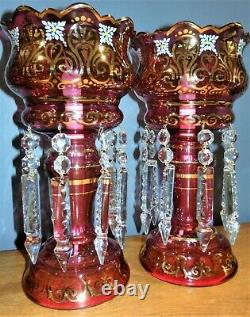Pair Antique Moser Bohemian CRANBERRY GLASS w Gold MANTLE LUSTERS Prism Lamps