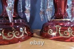 Pair Antique Moser Bohemian CRANBERRY GLASS w Gold MANTLE LUSTERS Prism Lamps