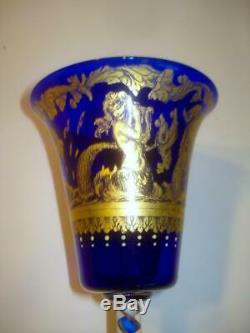 Pair Antique Moser Gilt Cobalt Glass Goblets Air Twist Stem Poseidon Mermaid