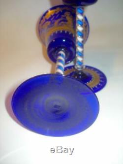 Pair Antique Moser Gilt Cobalt Glass Goblets Air Twist Stem Poseidon Mermaid