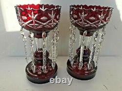 Pair Antique Ruby Mantle Lusters Red Cut 2 Clear Dangle Prism Bohemian Victorian