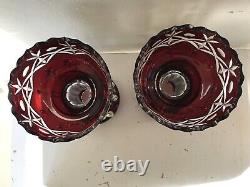 Pair Antique Ruby Mantle Lusters Red Cut 2 Clear Dangle Prism Bohemian Victorian