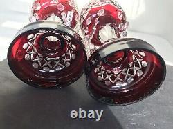 Pair Antique Ruby Mantle Lusters Red Cut 2 Clear Dangle Prism Bohemian Victorian