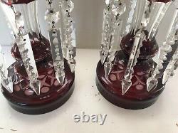 Pair Antique Ruby Mantle Lusters Red Cut 2 Clear Dangle Prism Bohemian Victorian