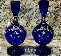 Pair Antique Venetian Vases 8 3/4 Enamel 1860 Bristol Blue Cobalt Blown Glass