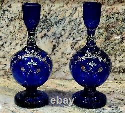 Pair Antique Venetian Vases 8 3/4 Enamel 1860 Bristol Blue Cobalt Blown Glass